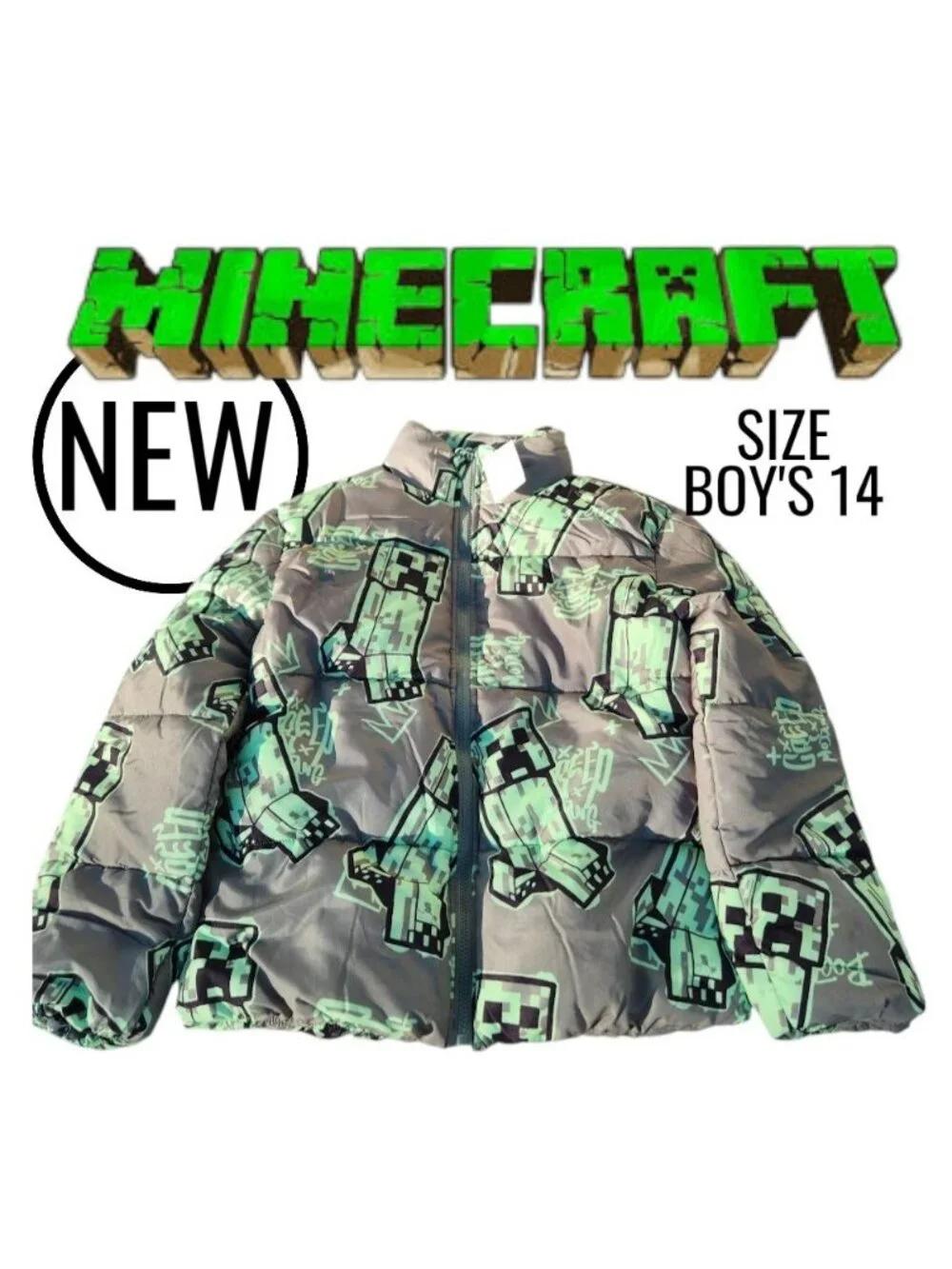 NEW Minecraft Boys Creeper Zip Puffer Jacket Lightweight Size 14 Zippered Size: